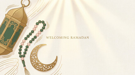 Ramadan lantern tasbih crescent gold green Islamic decoration flatlay