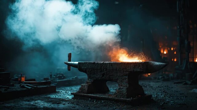 Blacksmith forge creating tools in a workshop with smoke and fire at night