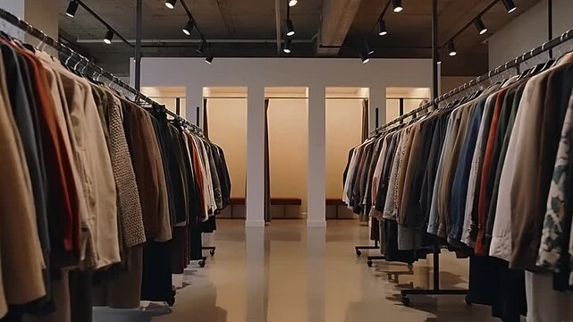 Modern clothing store with rows of garments on display.