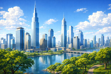 Naklejka premium Modern City Skyline with Glass Skyscrapers and Lush Green Park Along a Calm River Under Blue Sky