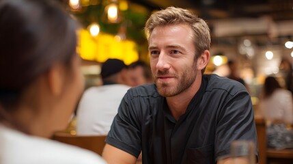Man engaged in a conversation at a casual indoor restaurant with warm ambient lighting