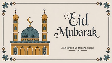 Fototapeta premium Eid mubarak greeting template, hand draw art with mosque and lettering typography of Eid mubarak, place for text greeting card and banner for Ramadan kareem.