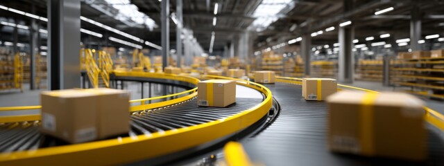 Fototapeta premium Streamlined Conveyor Belt System for Efficient Parcel Transportation in a Modern Logistics Center