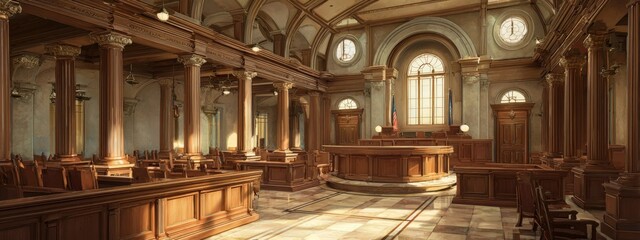 Obraz premium Elegant Interior of a Historic Courtroom Featuring Wooden Details and Natural Light