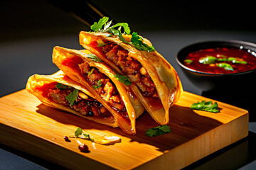Vietnamese crispy pancake filled with meat and vegetables, served with dipping sauce on wooden board. Authentic street food concept showcasing Vietnamese cuisine and Asian comfort food.