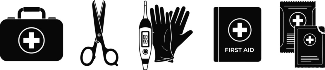 Obraz premium Vector set of first aid kit icons featuring medical bag, scissors, thermometer, surgical gloves, manual, and antiseptic wipes, isolated on white background,