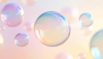 虹色にきらめく透明シャボン玉の背景 オーロラ光沢とパステルボケのクリーンな抽象デザイン コピースペース / Iridescent transparent soap bubbles background clean abstract design with pastel bokeh aurora shimmer 