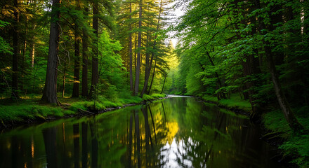 Obraz premium Serene river flowing through lush green forest with sunlight.