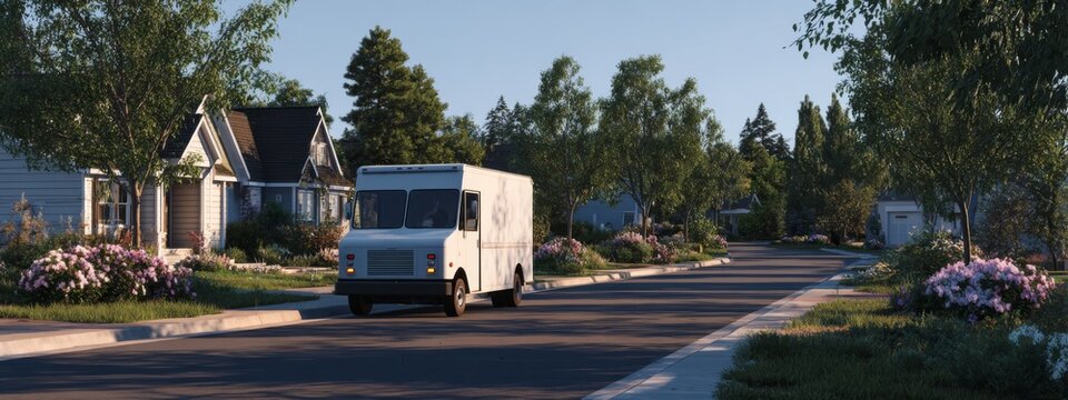 Delivery truck driving on a quiet suburban road surrounded by trees and blooming flowers during a sunny day