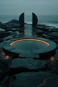 Circular platform on the water with glowing ring and split gate in moody coastal scene