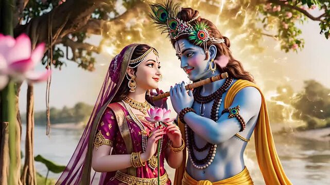 Cinematic 4K footage of Hindu deities Radha Krishna romantic embrace under blooming tree slow motion video