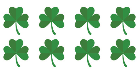 Set of green four leaf clovers on white background