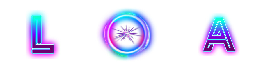 LOA neon glow text effect with starburst symbol. Includes L, O, and A letters in futuristic style with blue, purple, and pink gradient. isolated PNG with Transparent Background