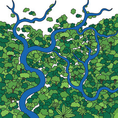 Aerial view of a winding river flowing through a lush green rainforest with dense trees and vegetation © VectorVista