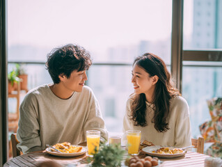Couple Enjoying Breakfast Together on Sunny Day
