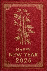 Fototapeta premium Happy New Year 2026 red card with gold bamboo design for festive greeting and celebration
