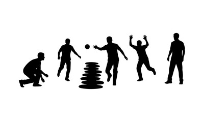 Black vector silhouettes of people playing the traditional Indian game of Lagori, also known as Seven Stones, featuring players and stacked stones on a white background.