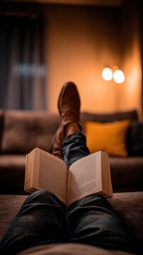 Cozy relaxation with a book and feet up