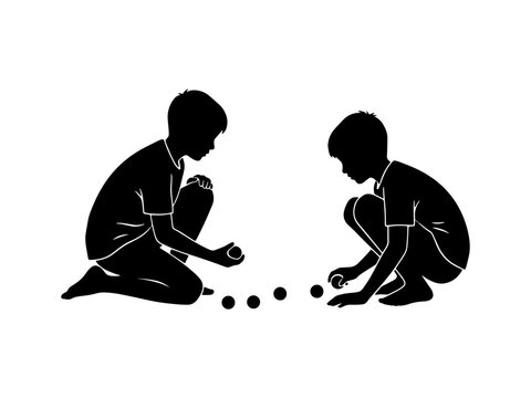 Vector silhouette illustration of two young boys crouching on the ground playing Kancha, a traditional Indian marble game.