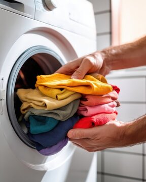 Person loading colorful laundry into washing machine