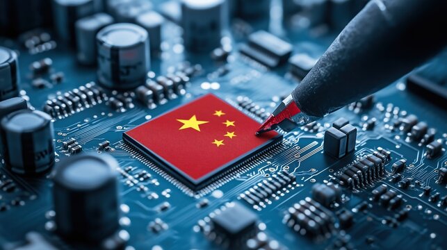 Chinese flag on top of integrated circuit board, microchips and wires forming red star pattern from national emblem, person using pliers cutting chip in two, chips arranged in rows symbolizing high-te