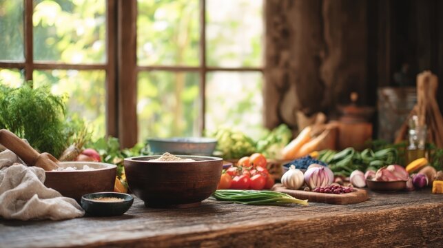 Rustic kitchen with fresh vegetables