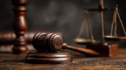 Wooden gavel resting on a sound block in a courtroom setting with scales of justice symbolizing legal authority and the pursuit of fairness and truth.