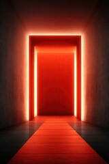 Fototapeta premium Red neon hallway leads to a glowing doorway with bright light strips for dramatic visual impact