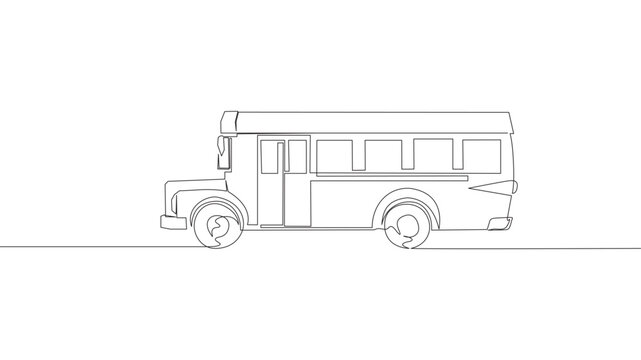 The school bus is a continuous one-line drawing. Old school bus single line art illustration.