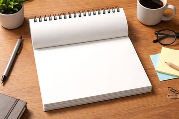 Open Blank Spiral Notebook on Wooden Desk with Office Supplies