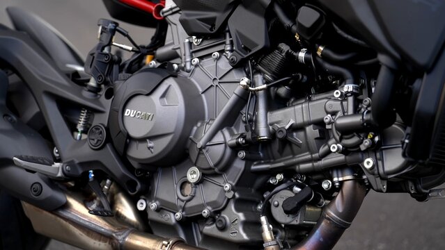 2026 Ducati Monster. Sport bike. motorcycle engine close up