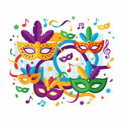A vibrant illustration of multiple colorful carnival masks with feathers, musical notes, confetti, and ribbons, celebrating a festive event.