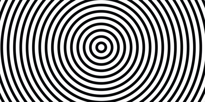 Optical Illusion Psychedelic Warped Circle Lines Texture. Abstract Geometric Background Vector Design. Black and White Modern Pattern Op Art Illustration.