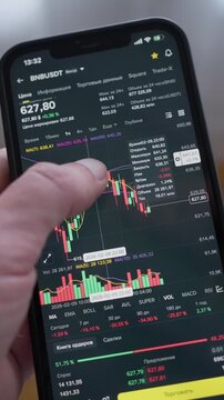 Crypto Chart Analysis. User Interacts With Realtime Crypto Price Movements And Indicators. Smartphone Interface Presenting Candlestick Patterns And Volume Data During Volatile Market Conditions