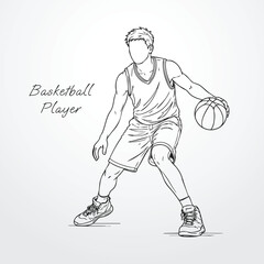 Basketball player vector illustration line art outline male athlete dribbling action ball sport fitness game competition tournament graphic design minimalist modern scalable court nba © Vishal