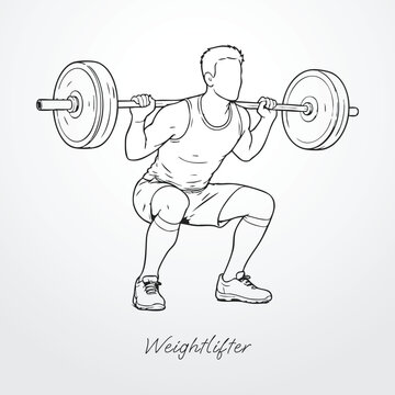 Weight lifter vector illustration line art outline male athlete lifting action barbell strength sport fitness bodybuilding powerlifting graphic design minimalist modern scalable gym training workout