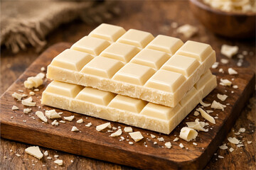 White Chocolate Bar on Wooden Cutting Board with Chocolate Shavings, Natural Background
