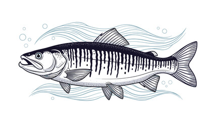 Obraz premium Detailed illustration of a fish with dark spots and stripes swimming in water depicted with wavy lines for fishing and nature themes.