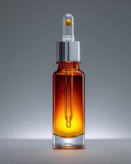 Fototapeta premium Small clear glass dropper bottle containing a rich golden amber liquid