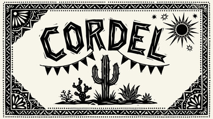 Cordel Woodcut Art Banner with Cactus, Sun, and Folk Border. Black Linocut Xylography Style Title Design.