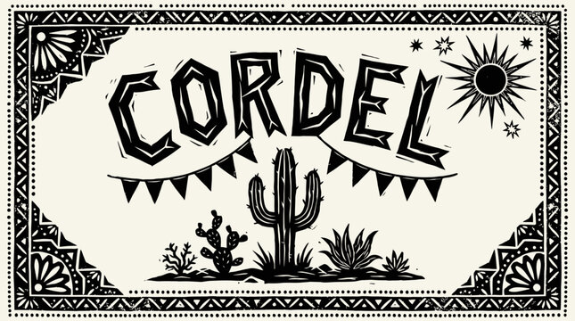 Cordel Woodcut Art Banner with Cactus, Sun, and Folk Border. Black Linocut Xylography Style Title Design.