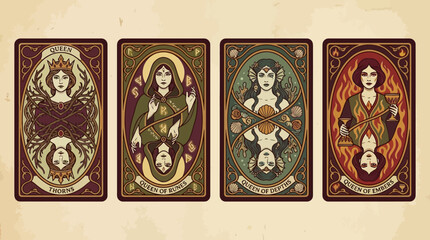 Art Nouveau Elemental Queens Tarot Cards Set: Thorns, Runes, Depths, Embers. Mystical Fantasy Occult Illustration.