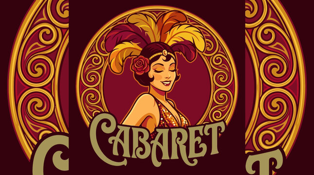 Cabaret Logo: Retro Art Deco Flapper Girl in Sequins and Feathers. Vintage Style Poster Vector Illustration.