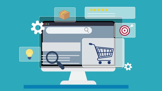 Animated desktop computer dashboard showing online store interface with shopping cart and analytics icons, representing ecommerce management and digital business workflow.
