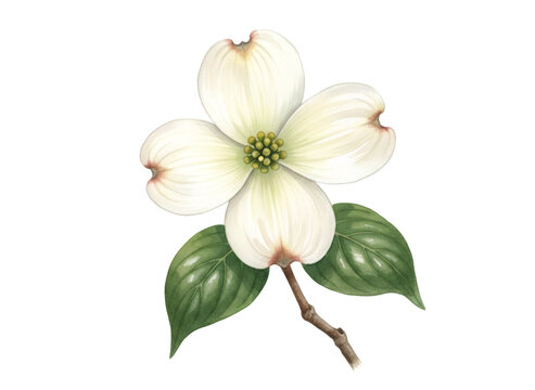 A white dogwood flower with green leaves on a stem, botanical illustration for spring artwork and garden design.