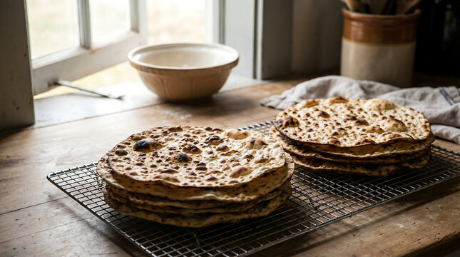 Stack of freshly baked matzah bread cooling on a rack, a traditional Jewish unleavened food staple.