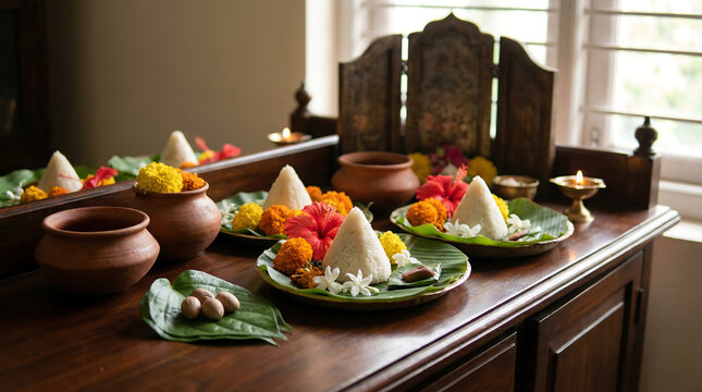 Traditional Odia Food Offering with Rice Pinnacles and Floral Decorations on Banana Leaves