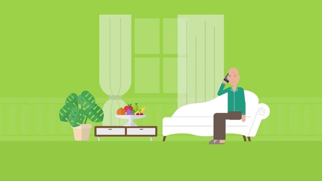 Man relaxing on sofa at home animation, peaceful rest and comfortable lifestyle concept