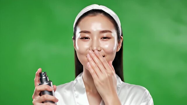 Asian Woman Applying Facial Mist on Green Screen Background for Skincare Commercial Advertisement