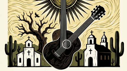 Southwestern Woodcut Art: Acoustic Guitar, Desert Missions, and Cacti under Radiant Sun. Vintage Folk Music Poster Style Illustration.